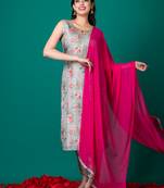 Ruh women's traditional kurti pant with dupatta, digital print over chanderi silk weaved with sequence work ,pink