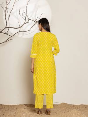  yellow ethnic motifs cotton straight kurta and trouser with dupatta set 3