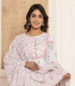  pink and white floral print piping anarkali style kurta and trousers with dupatta set
