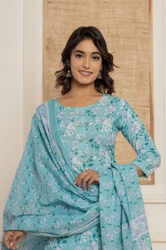  teal green floral print cotton straight style kurta and trousers with dupatta set