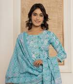  teal green floral print cotton straight style kurta and trousers with dupatta set