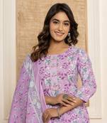  purple floral print cotton straight style kurta and trousers with dupatta set