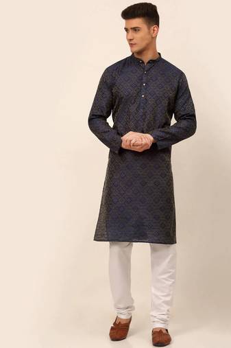 Men blue printed blended cotton kurta pajama
