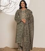  cotton military green pakistani kurta dupatta set with pant
