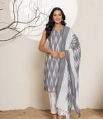  cotton grey ikat print kurta dupatta set