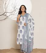  blue and white floral print cotton straight kurta and trouser with dupatta set