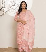  pink floral print cotton straight kurta and trouser with dupatta set