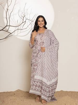  mauve floral print cotton straight kurta and trouser with dupatta set 1