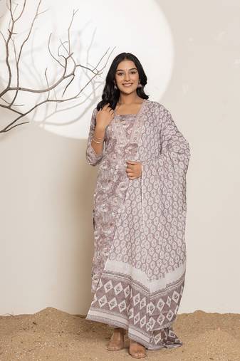  mauve floral print cotton straight kurta and trouser with dupatta set