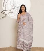  mauve floral print cotton straight kurta and trouser with dupatta set
