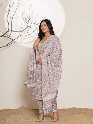  mauve floral print cotton straight kurta and trouser with dupatta set 2