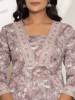  mauve floral print cotton straight kurta and trouser with dupatta set 4