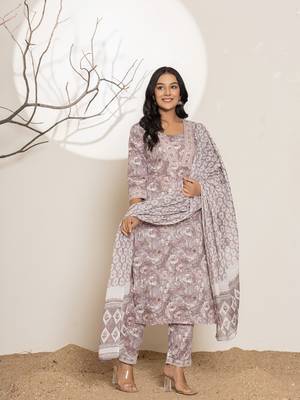  mauve floral print cotton straight kurta and trouser with dupatta set 5