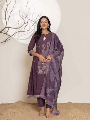  purple embroidery cotton anarkali kurta and trouser with dupatta set 1
