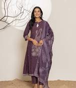  purple embroidery cotton anarkali kurta and trouser with dupatta set