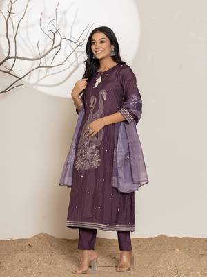  purple embroidery cotton anarkali kurta and trouser with dupatta set 2