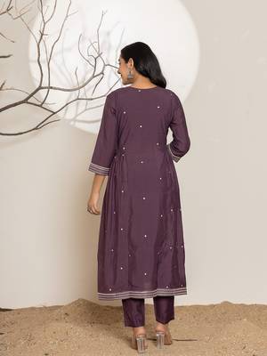  purple embroidery cotton anarkali kurta and trouser with dupatta set 3