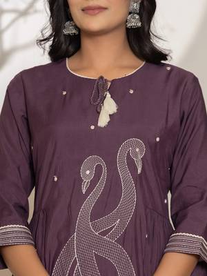  purple embroidery cotton anarkali kurta and trouser with dupatta set 4