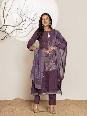  purple embroidery cotton anarkali kurta and trouser with dupatta set 5