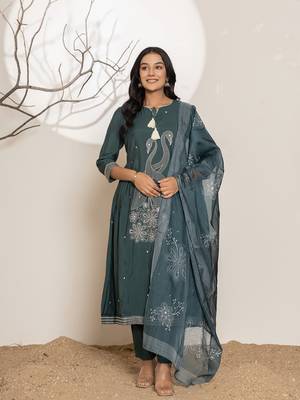  teal blue embroidery cotton anarkali kurta and trouser with dupatta set 1