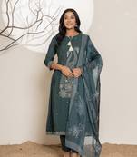 teal blue embroidery cotton anarkali kurta and trouser with dupatta set