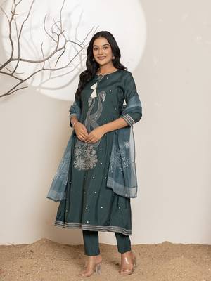  teal blue embroidery cotton anarkali kurta and trouser with dupatta set 2