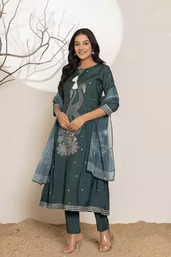  teal blue embroidery cotton anarkali kurta and trouser with dupatta set