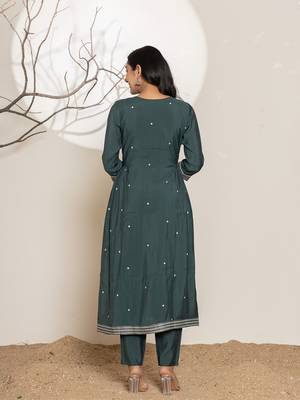  teal blue embroidery cotton anarkali kurta and trouser with dupatta set 3