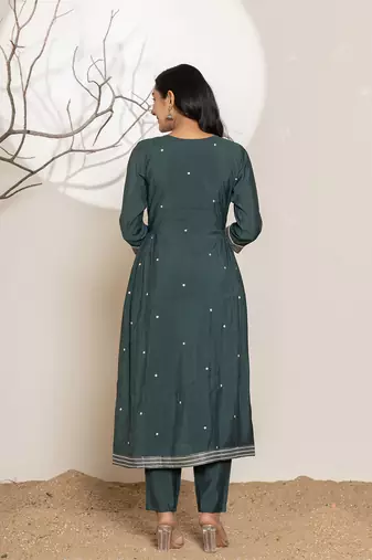  teal blue embroidery cotton anarkali kurta and trouser with dupatta set