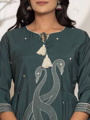  teal blue embroidery cotton anarkali kurta and trouser with dupatta set 4