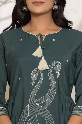  teal blue embroidery cotton anarkali kurta and trouser with dupatta set