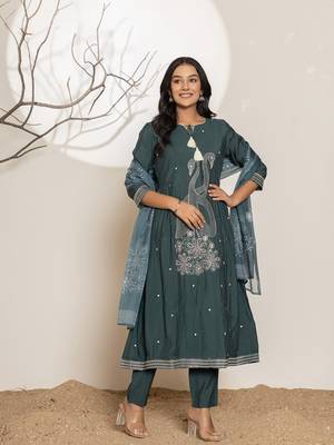 teal blue embroidery cotton anarkali kurta and trouser with dupatta set 5