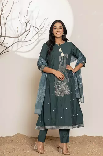  teal blue embroidery cotton anarkali kurta and trouser with dupatta set