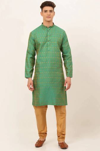 Men green embroidered blended cotton kurta pajama