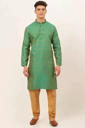Men green embroidered blended cotton kurta pajama