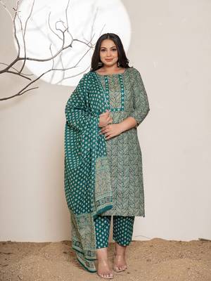  embroidered printed teal green cotton plus size kurta set with dupatta set 1