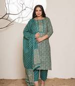 embroidered printed teal green cotton plus size kurta set with dupatta set