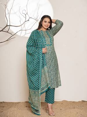  embroidered printed teal green cotton plus size kurta set with dupatta set 2