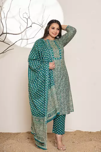  embroidered printed teal green cotton plus size kurta set with dupatta set