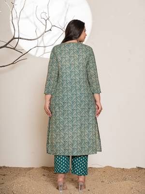  embroidered printed teal green cotton plus size kurta set with dupatta set 3