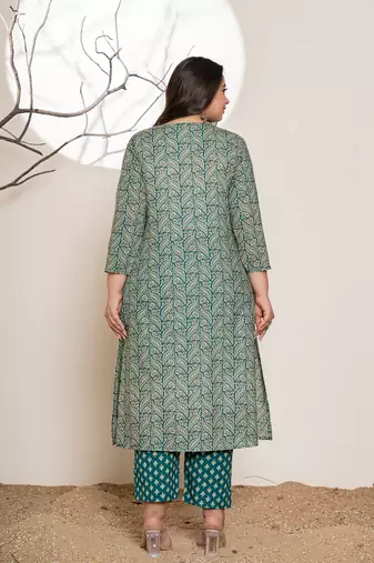  embroidered printed teal green cotton plus size kurta set with dupatta set