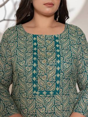  embroidered printed teal green cotton plus size kurta set with dupatta set 4