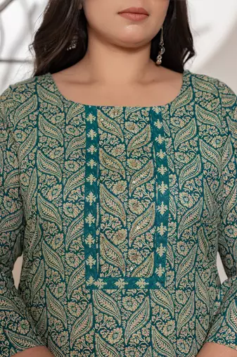  embroidered printed teal green cotton plus size kurta set with dupatta set