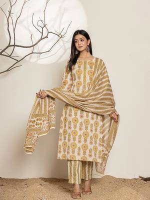  mustard floral print cotton straight samosa-lace kurta and trouser with dupatta set 1