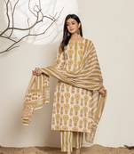  mustard floral print cotton straight samosa-lace kurta and trouser with dupatta set