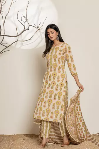  mustard floral print cotton straight samosa-lace kurta and trouser with dupatta set