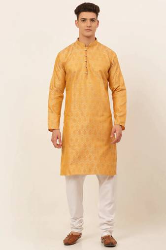 Men gold woven blended cotton kurta pajama