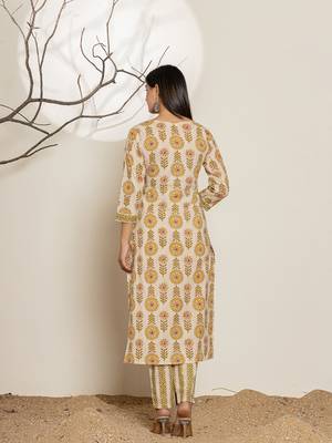  mustard floral print cotton straight samosa-lace kurta and trouser with dupatta set 3