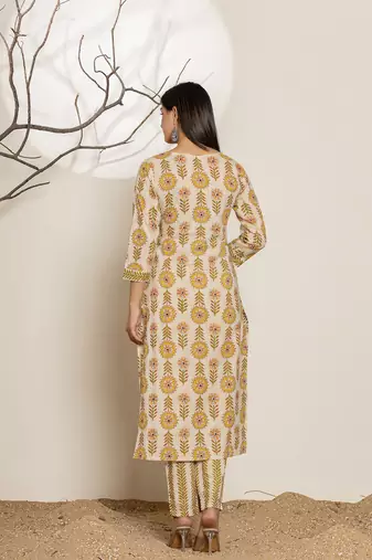  mustard floral print cotton straight samosa-lace kurta and trouser with dupatta set
