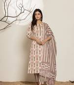  pink floral print cotton straight samosa-lace kurta and trouser with dupatta set